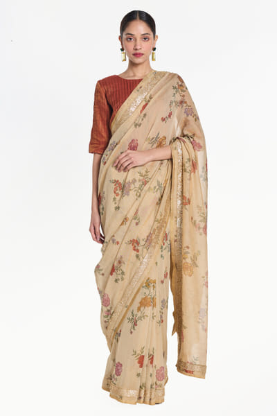 Payal Pratap Rust orange pintuck tissue chanderi blouse PAYAAUG26D153040