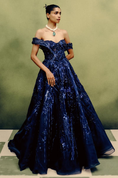 Neon navy embroidered ball gown