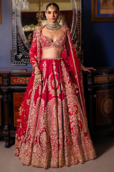Dual red floral embroidered lehenga set