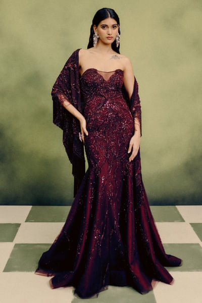 Cherry lacquer crystal embellished drape gown