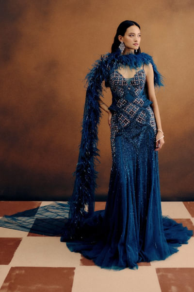 Crystal teal bead embroidered gown