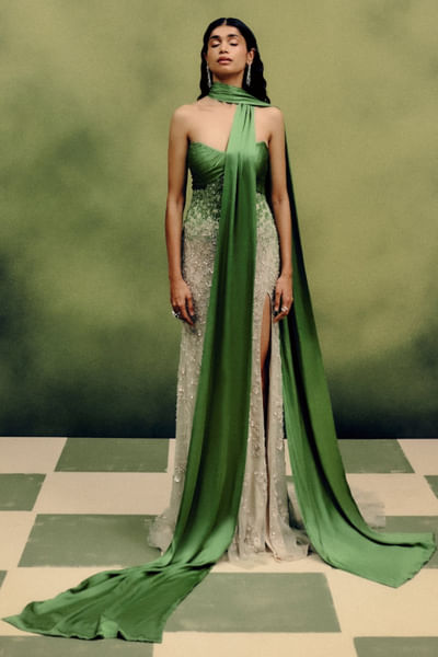 Verdant green embroidered drape gown