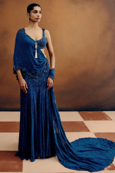 Crystal teal embroidered drape sari set