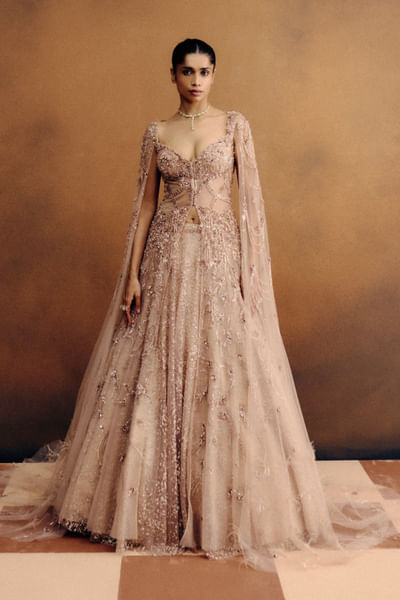 Nude embroidered jacket skirt set