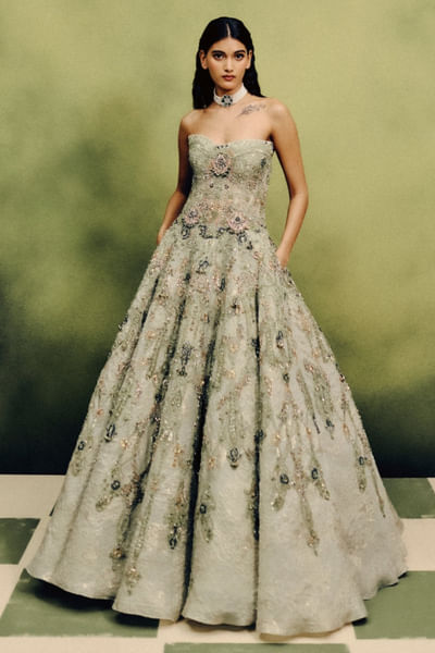 Pistachio green crystal embellished gown