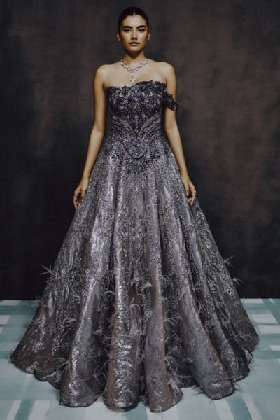 Charcoal silver sequin-crystal embroidery gown