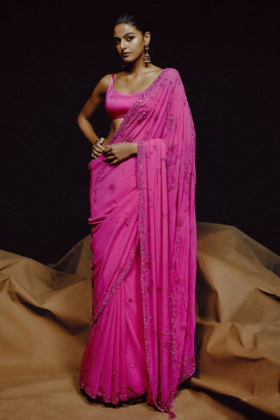 Electric pink hand embroidered sari set