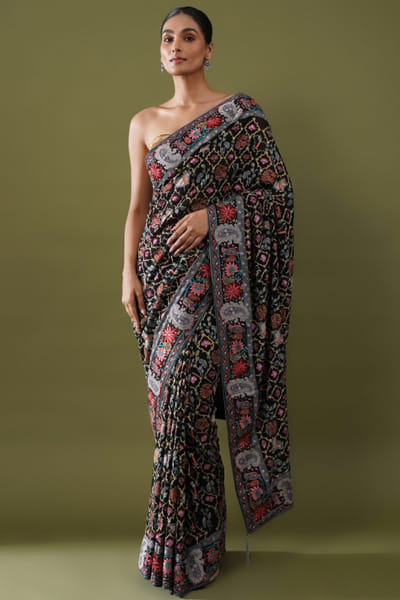 Black embroidered georgette sari