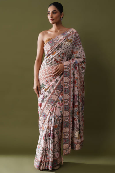 Baby pink embroidered georgette sari