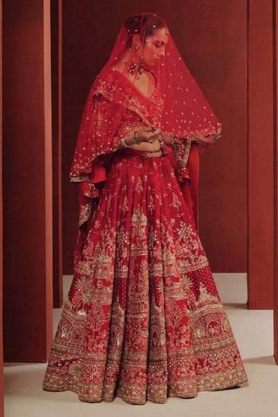 Dolly J Dep red embroidered scenic motif lehenga set DOLLJUL26D149329