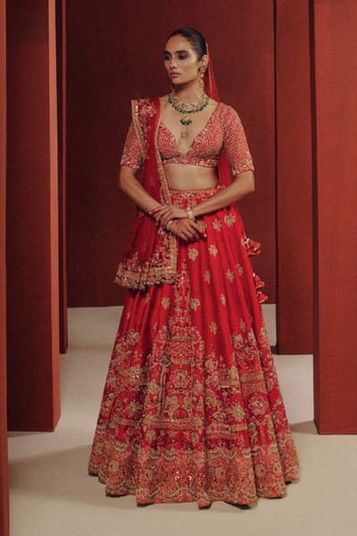 Dolly J Red gold zardozi embroidered lehenga set DOLLJUL26D149330