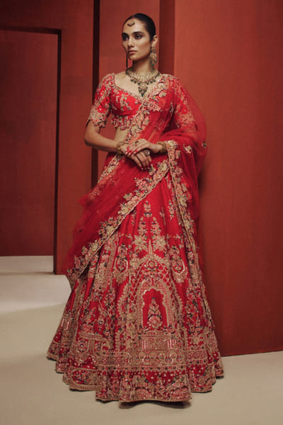 Dolly J Red embroidered botanical motif lehenga set DOLLJUL26D149327