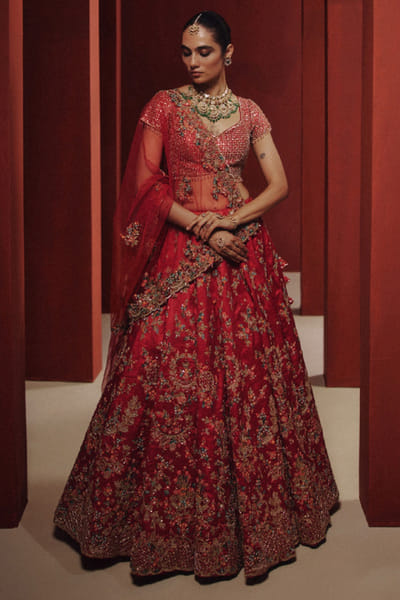 Dolly J Red floral-zardozi embroidered lehenga set DOLLJUL26D149325