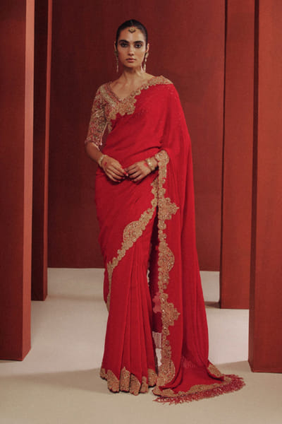 Dolly J Red cutdana tassel embroidered sari set DOLLJUL26D149331