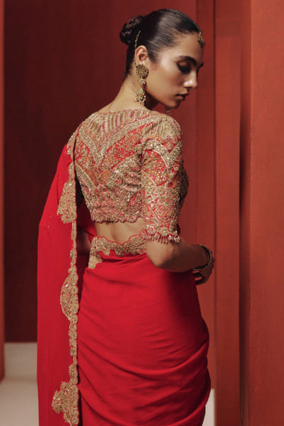 Dolly J Red cutdana tassel embroidered sari set DOLLJUL26D149331