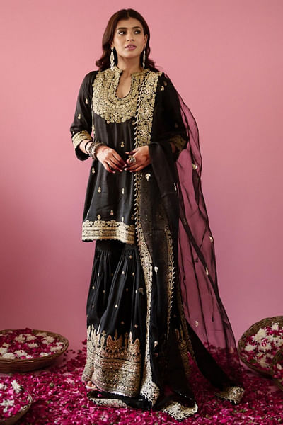 Black marodi embroidered sharara set