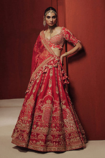 Dolly J Red embroidered architecture motif lehenga set DOLLJUL26D149328