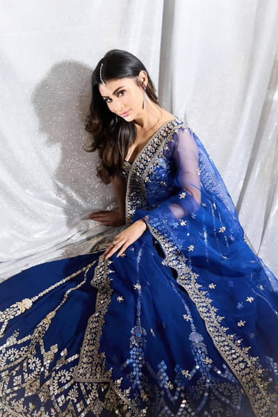 Gopi Vaid Cobalt blue mirror embroidered lehenga set GOPIAUG26D153582