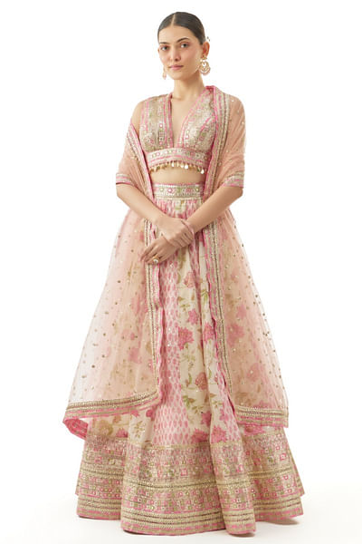 Ivory floral print embroidered lehenga set