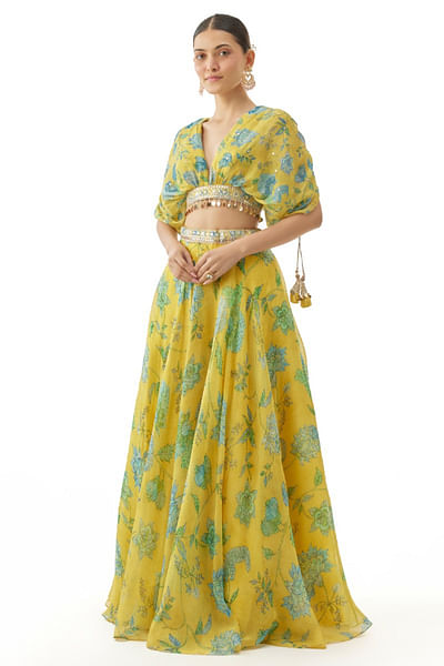 Yellow floral printed lehenga set