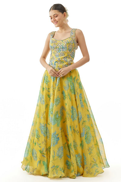 Yellow floral print lehenga set
