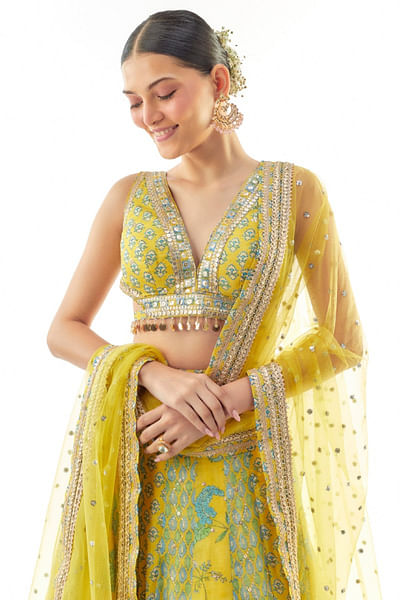 Yellow floral print embroidered lehenga set
