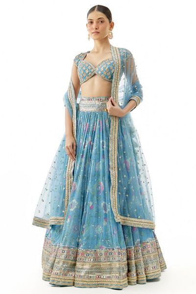 Blue floral print embroidered lehenga set