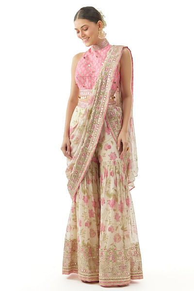 Ivory floral print embroidery sharara sari set