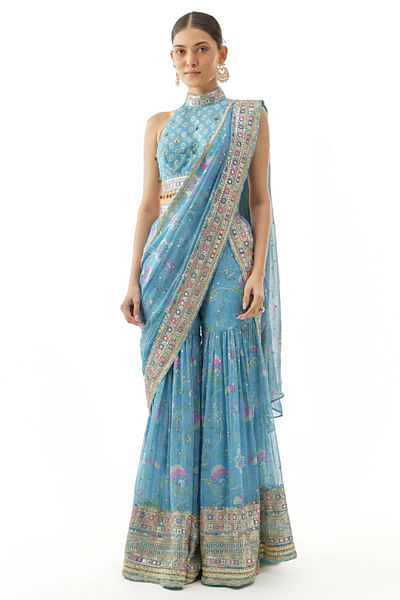 Blue floral print embroidery sharara sari set