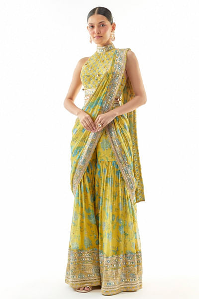 Yellow flora print embroidery sharara sari set