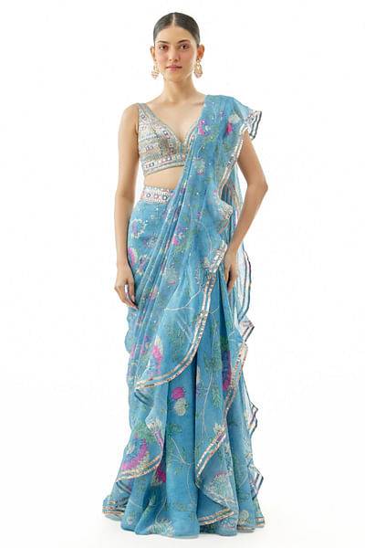 Blue floral print pre-draped ruffle sari set