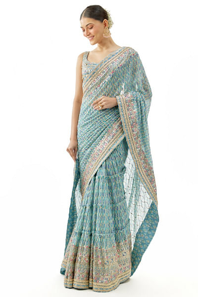 Blue print embellished tiered sari set