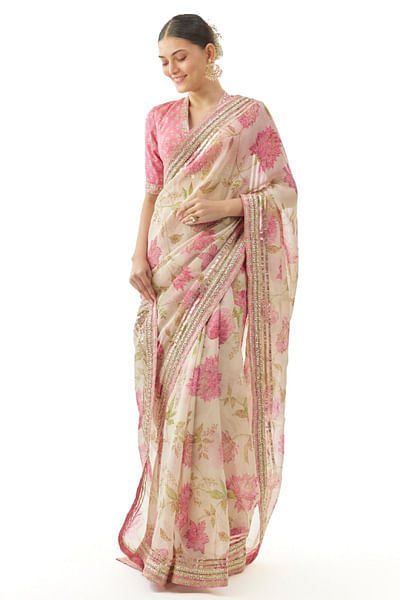 Ivory floral print embroidered sari set