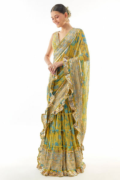 Yellow floral print embroidery tiered sari set