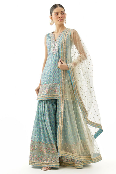 Blue printed and embroidered sharara set