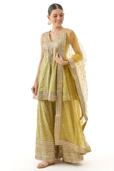 Yellow print embroidered peplum sharara set
