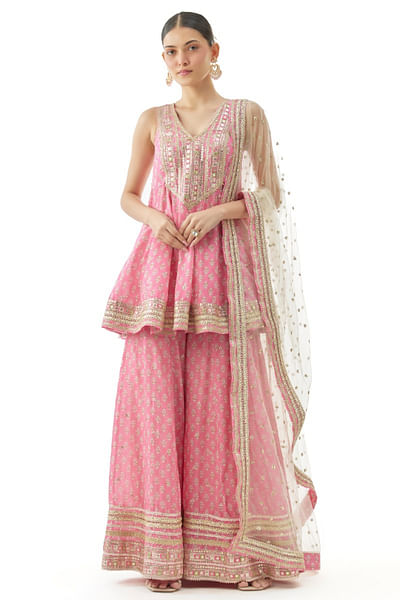 Pink print embroidered peplum sharara set