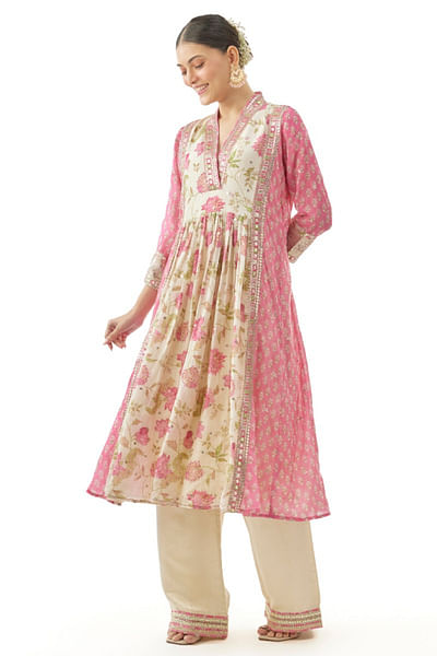 Pink floral print embroidered kurta