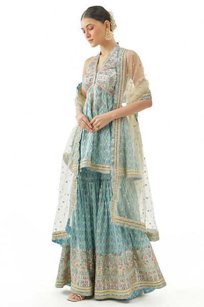 Blue printed halter-neck peplum sharara set