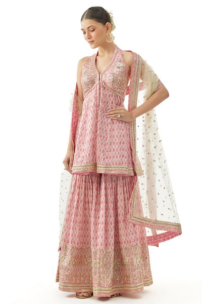 Pink printed halter-neck peplum sharara set