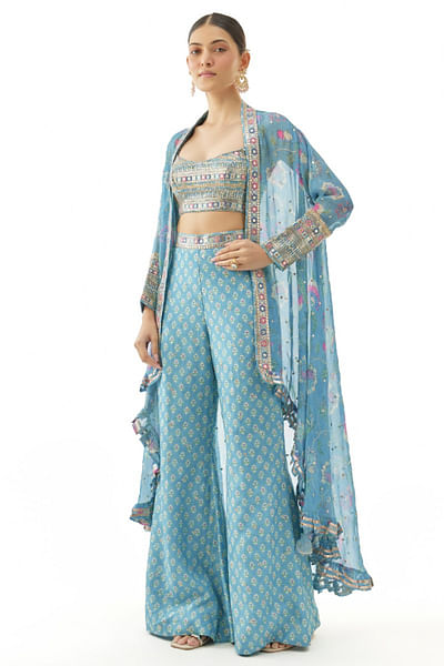Blue printed and embellished jacket set