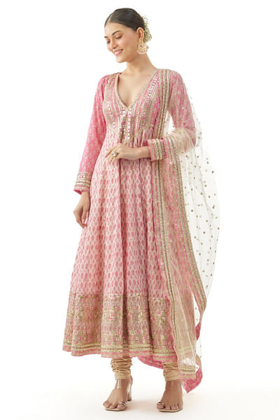 Pink printed and gota embroidered anarkali set