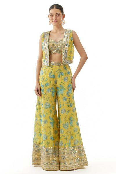 Yellow floral print embroidered jacket set
