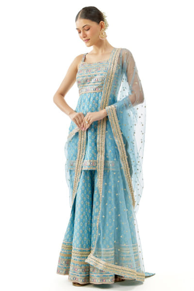Blue floral print embroidered sharara set