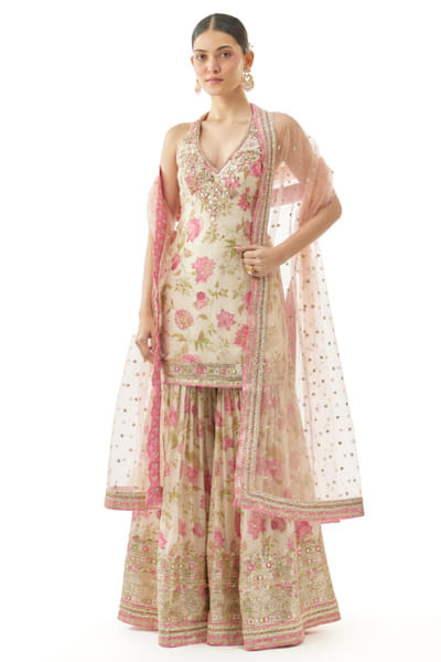 Ivory floral print embellished sharara set