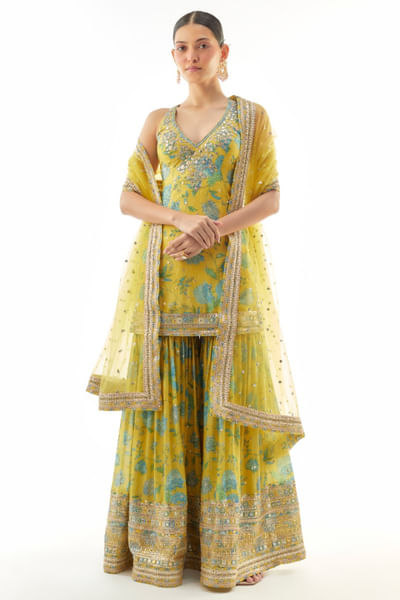 Yellow floral print embellished sharara set