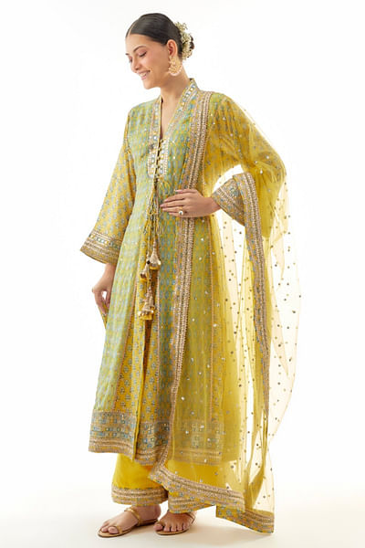 Yellow floral zari-sequin embroidery kurta set