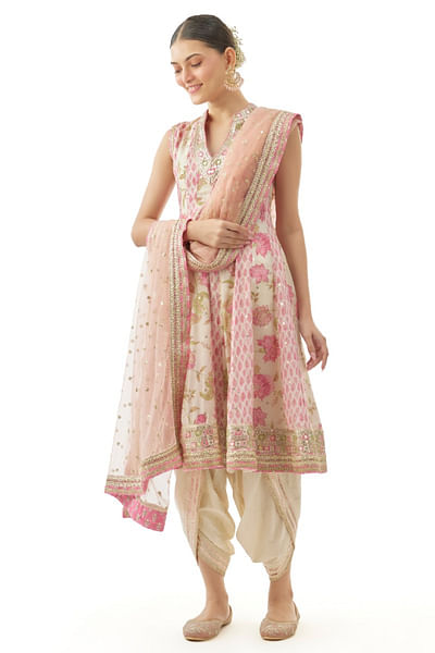 Ivory floral print embroidered kurta dhoti set