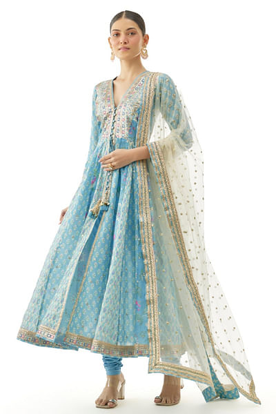 Blue floral print embroidered anarkali set