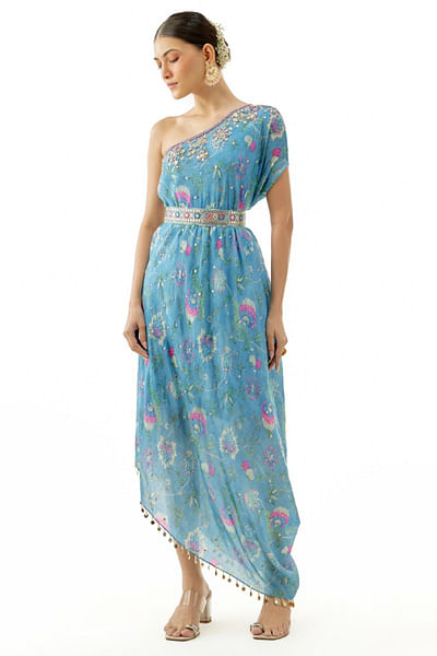 Blue flora print one-shoulder asymmetric dress